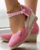 Sandalen Damen, geflochtene Espadrille, Knoten, Knopf, Knöchelriemen, Keil, Leinen, Sommer, 6 cm Absatz, Plateau-Espadrilles-Schuhe