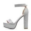 liyke New Fashion Silver Rhinestone Platform Sandals Summer Open Toe Ankle Strap Square High Heels Women Party Wedding Shoes