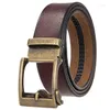 Belts Plyesxale 3.5cm Width Red Brown Leather For Men Retro Style Brand High Quality Automatic Ratchet Casual Jeans B11