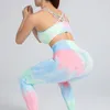 Calças femininas sem costura malha tie-dye esporte terno cintura alta levantamento de quadril fitness lindo colete sutiã roupas de ioga para mulheres