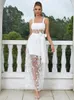 Robes Décontractées Sexy Sans Manches Broderie Dentelle Robe Longue Femmes Blanc Spaghetti Strap A-Line Tulle Maxi Élégant Celebrity Party Club Dres