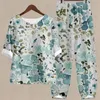 Women's Two Piece Pants Women's Set O Neck Flower Print Loose Elastic Waist Button Up Top And Women Suit Ladies Clothing Casual