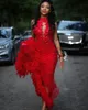 Red Mermaid Prom Dresses 2023 Modest Feathers Evening Dress Party Pageant Gowns Special Endan Dress Dubai 2K19 Black Girl Pare Day