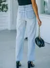 Женские джинсы нерегулярные кнопки Женщины Прямые вымытые разорванные джинсовые брюки в стиле уличного стиля Женские повседневные твердые цвета