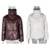 Piumino da donna Colletto alla coreana CP da donna Parka in pelle PU Moda donna Cappotti ad alta imitazione Eleganti giacche di cotone spesso Donna femminile