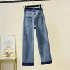 Women's Jeans Cuffs Patches Contrast Color Straight Woman Stretch High Waist Strap Ankle Length Denim Pants Female Pantalones Mujer