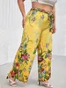Pantalon grande taille élégant été printemps taille élastique ceintures décontracté femmes jaune imprimé fleuri jambe large Boho grand 7XL