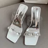 Liyke Summer Blue Womens Shoes Outdoors Fashion Slippers Crystal Diamond PVC Transparent Clear Heels Square Toe Slides Sandals