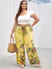 Pantalon grande taille élégant été printemps taille élastique ceintures décontracté femmes jaune imprimé fleuri jambe large Boho grand 7XL