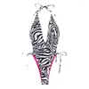 Roupa de banho feminina 2023 Confortável Moda Biquíni One Piece Maiô Estampa Zebra Cordão Renda Praia Férias Sexy