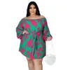 Plus size Jurken L 4XL plus jurken voor vrouwen kleding sexy losse print lange mouwen een woord kraag mini jurk Groothandel Drop 230613