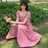 Casual Dresses Lucyever Summer Pink Square Collar Long Dress Women Korean Style with Belt Puff Short Sleeve Dresses High Waist Aline Vestidos Z0612