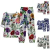 Women's Two Piece Pants Women's Set O Neck Flower Print Loose Elastic Waist Button Up Top And Women Suit Ladies Clothing Casual