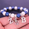 Braccialetti con ciondoli Stretch Bianco Blu 10 Mm Perle Perline Lettere Greche Zeta Phi Beta ZOB Society Gioielli da donna