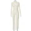 Abiti casual Elegante abito lungo bianco con scollo a rete trasparente per le donne Sexy collo irregolare con spacco alto Slim See Through Club Party Robe Femme