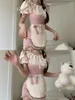 Robes de travail Sweet Girl Summer Pink Suit Women's Plaid Strap Dress Round Neck Bubble Sleeve Short Top Two-piece Set Fashion Female