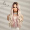 Lace Wigs Blonde Unicorn Synthetic Ombre Brown Mixed Pink Blond Long Wavy Wigs with Bangs Cosplay Party UseHeat Resistant Fiber for Women Z0613