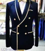 Ternos masculinos blazers foto real trespassado xale lapela nvay veludo casamento noivo smoking homens festa blazer baile de formatura negócios (jaqueta + calça + gravata borboleta) K23