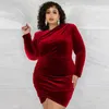 Plus Size Kleider WUHE Samt Frauen Langarm Geraffte Seite Asymmetrische Hohe Taille Bodycon Club Kleid Abend Sexy Nacht Party