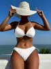 Roupa de banho feminina sexy biquíni 2023 sólido branco preto com cadarço sem costas acolchoado micro maiô push up praia maiô tanga de amarrar lateral Z0613