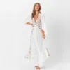 Bohe Maxi Dress Women v Neck Floral Print Kimono Flare Sleeve Beach 2023 Summer Casual Button Long Loose Robe Femme Dresses