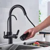 Badezimmer-Waschbeckenarmaturen, mattschwarz, reines Wasser, Küchenarmatur, Doppelgriff und herausziehbare Küchenmischbatterien für kaltes Trinkwasser, 230612