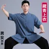 Ethnische Kleidung Sommer Chinesischer Tang-Anzug für Frauen Männer Baumwolle Leinen Einfarbig Stehkragen Kurzarm Top Schwarze Hose Shaolin