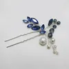 Grampos de cabelo pérola brilhante mulheres alfinetes cristal azul feito à mão planta jóias acessórios menina cabeça decoração tiara