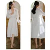 Women's Sleepwear Satin Robe And Nightgown Women Fairy White Embroider Lace Long Sleeve Sexy Nighty Princess Nightwear Ice Silk Set