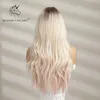 Lace Wigs Blonde Unicorn Synthetic Ombre Brown Mixed Pink Blond Long Wavy Wigs with Bangs Cosplay Party UseHeat Resistant Fiber for Women Z0613