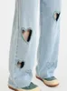 Kvinnors jeans Summer Burr Edge Thin Denim Hole Straight Woman Light Blue Wide Ben Pants