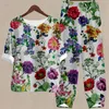 Women's Two Piece Pants Women's Set O Neck Flower Print Loose Elastic Waist Button Up Top And Women Suit Ladies Clothing Casual