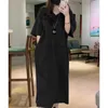 Vestidos casuais Moda Decote em V Cor Sólida Bolsos Soltos Vestido Longo Coreano Roupas Femininas 2023 Verão Novos Vestidos Casuais Oversized Z0612