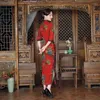 Etnische Kleding Chinese Stijl Vrouwen Vintage Rode Bloemenprint Cheongsam Verbeterde Retro Elegante Slanke Lange Hoge Split Qipao Traditionele