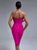 Urban Sexy Dresses Pink Bandage Dress Women Feather Party Dress Bodycon Elegant Midi Sexy Strapless Evening Birthday Club Outfits Summer 230614