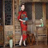 Etnische Kleding Chinese Stijl Vrouwen Vintage Rode Bloemenprint Cheongsam Verbeterde Retro Elegante Slanke Lange Hoge Split Qipao Traditionele