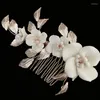 Hair Clips Women Simple Handmade Ceramic Flower Bridal Comb Headdress Luxury Millet Beads Metal Leaf Accessories Jewelry