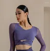 Vêtements de scène hauts de danse latine manches longues Sexy maille évider Costume femmes Cha Rumba pratique vert BL9525