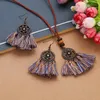 Necklace Earrings Set Boho Hollow Flower Yellow Tassel Earring For Women Vintage Handmade Long Leather Rope Pendant Femme Party Bijoux