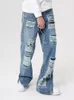 Jeans masculino largo largo com estilo americano envelhecido hip hop namorado masculino elegante acabamento lavado