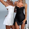 Casual Dresses Black White Sling Lace Patchwork Up Mini Cute Dress Sleeveless Backless Hollow Low-cut V Neck Split Sundress Women Clubwear