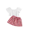 Kledingsets Lioraitiin 3-delige set 0-24M geboren babymeisjeskleding Leuke zomer off-shoulder kanten tops rode geruite korte jurk hoofdband outfit 230613