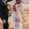 Hippie Crochet spets bröllopsklänning med tofs koreansk fairy långärmad plus storlek brudklänningar 2023 backless bohemian strand brud vestidos de novia boho robes marieee