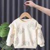 Hoodies Sweatshirts Little Girl Sweatshirt Heart Printed Shirt Cute Korean Style Tees Soft Cotton Lace Sleeve Decor Fall Children Clothing for Girl 230613