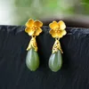 Brincos Pendurados Original Ouro Antigo Artesanato Incrustado Orquídea Natural Hetian Jade Estilo Chinês Senhoras Elegantes Jóias de Prata