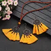 Necklace Earrings Set Boho Hollow Flower Yellow Tassel Earring For Women Vintage Handmade Long Leather Rope Pendant Femme Party Bijoux