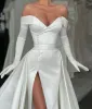 Elegante satijnen zeemeermin zijsplit trouwjurken bruid toga off-the-shoulder lange mouwen Nigeriaanse vestido de novia