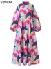 Vestidos de talla grande Talla 5XL VONDA Verano Mujer Bohemio Vestido largo de manga larga Vintage Impreso Casual Stand Collar Party Robe Holiday 230613