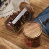 Förvaringslådor BINS GLASS LUFTERT Kök Jar Seated Food Container Grains Canister Candy Burs With Wood Lid Mason Stickers Organizer 230613