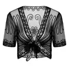 Women's T Shirts Women Black Elegant Embroidery See-Through Sexy Tops Mesh Bolero Short Sleeve Self-Tie Knots Shrug Cardigan Vest For Cubs